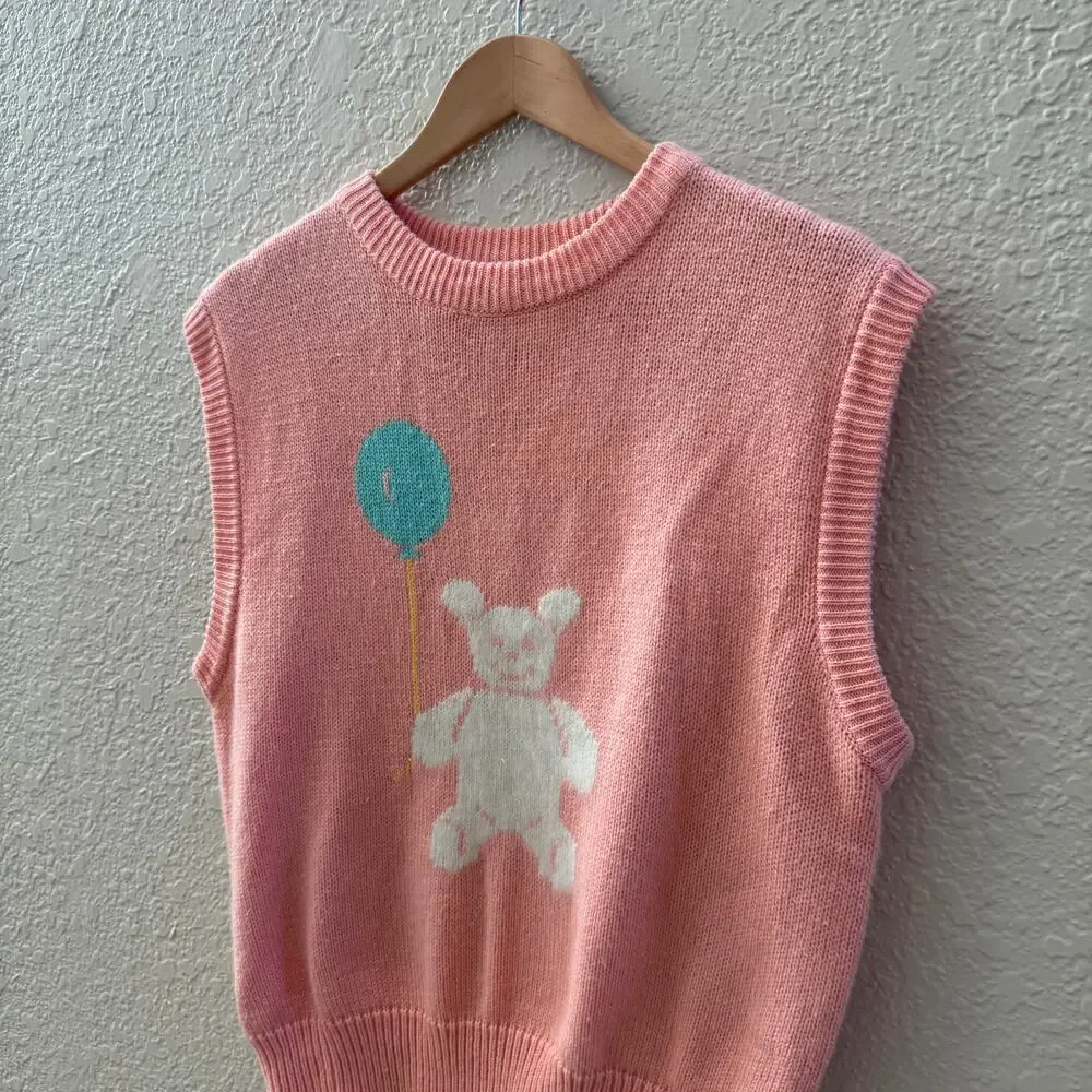 Vintage Coral Pink Teddy Bear Sleeveless Sweater Vest - Picture 5 of 6